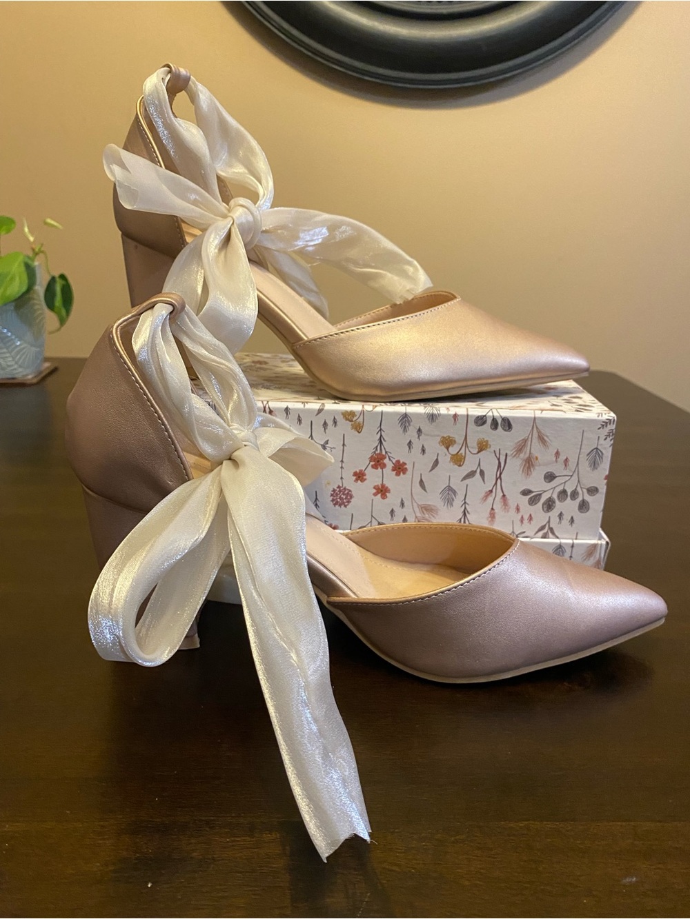 Pointed Satin Ankle-Tie Pumps in Rose Gold